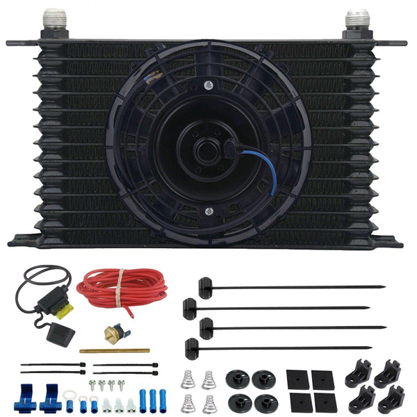 13 Row Engine Transmission Oil Cooler 6" Inch Electric Cooling Fan Fin Thermostat Temperature Switch Kit - American Volt