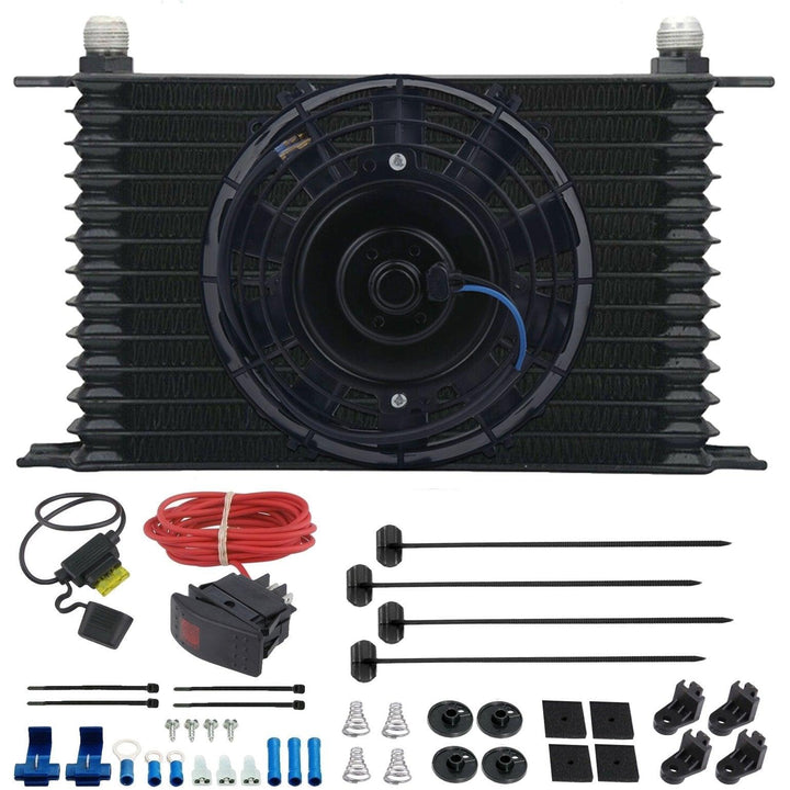 13 Row Engine Transmission Oil Cooler 6" Inch Electric Cooling Fan Toggle Rocker Bar Switch Wiring Kit - American Volt