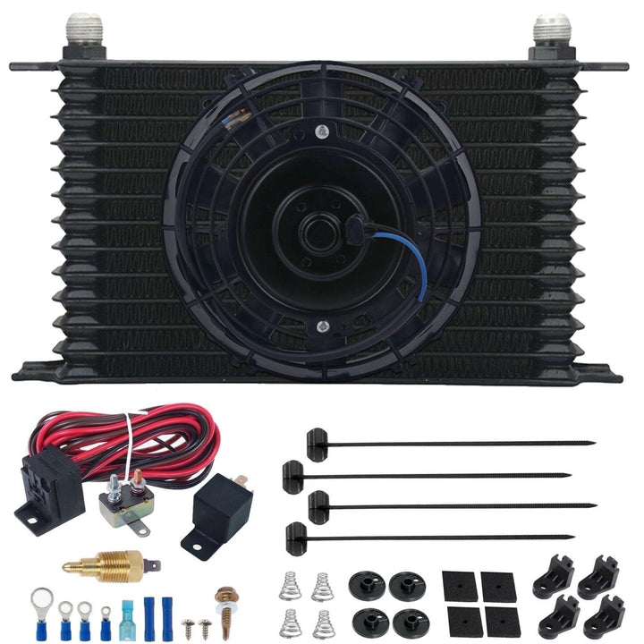 13 Row Engine Transmission Oil Cooler 6" Inch Electric Fan 12 Volt Engine Cooling Thread-In Grounding Thermostat Switch Kit - American Volt