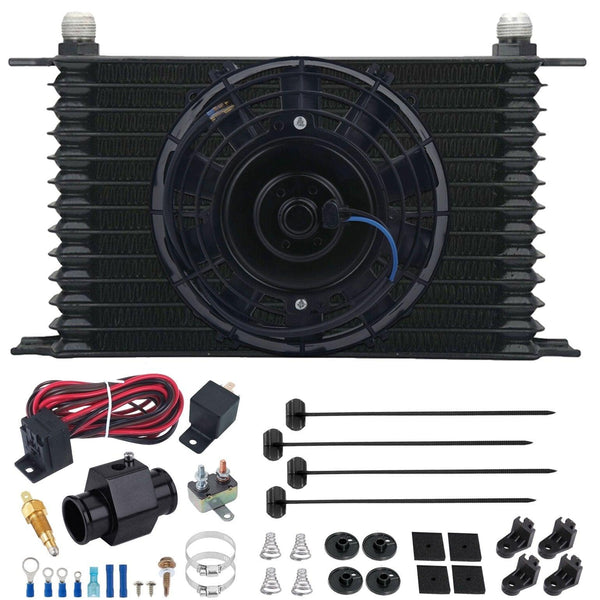 13 Row Engine Transmission Oil Cooler 6" Inch Electric Fan Hose In-Line Ground Temperature Switch Kit - American Volt