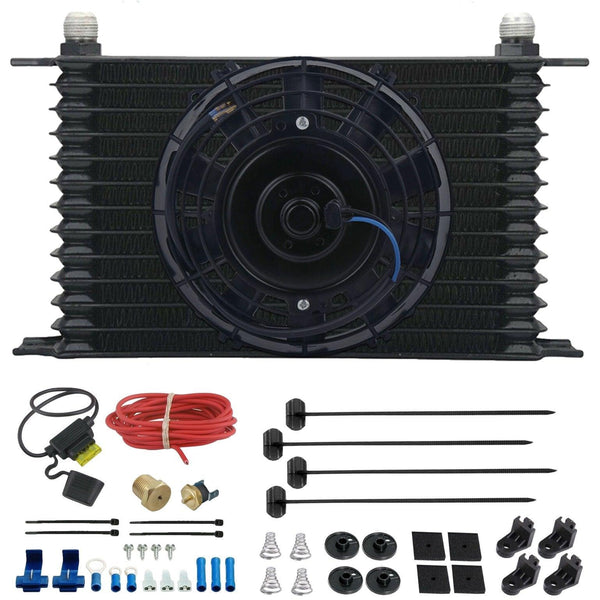 13 Row Engine Transmission Oil Cooler 6" Inch Electric Fan Thermostat Temperature Switch In-Line Wire Kit - American Volt