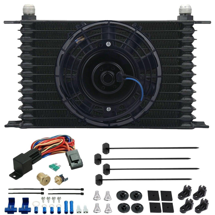 13 Row Engine Transmission Oil Cooler 6" Inch Electric Fan Thread-In Thermostat Switch Kit - American Volt