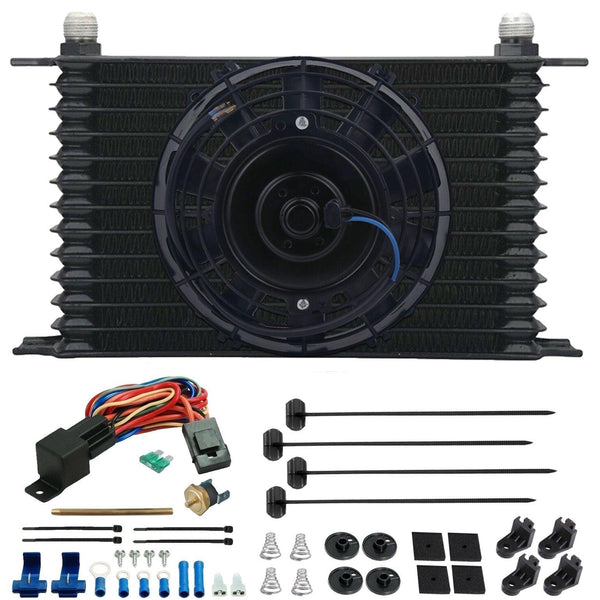 13 Row Engine Transmission Oil Cooler 6" Inch Radiator Electric Cooling Fan Fin Probe Thermostat Kit - American Volt