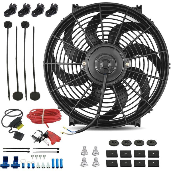 14-15" Inch 130w Electric Engine Radiator Cooling Fan 12 Volt Red LED Toggle Manual Switch Wiring Kit - American Volt