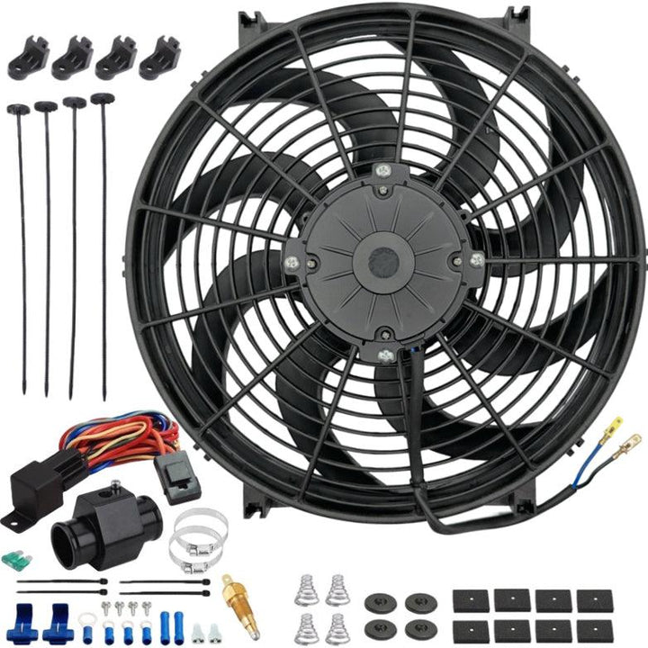 14-15" Inch 180w Electric Cooling Fans Radiator In-Hose Fitting Ground Thermostat Temp Switch Wiring Kit - American Volt