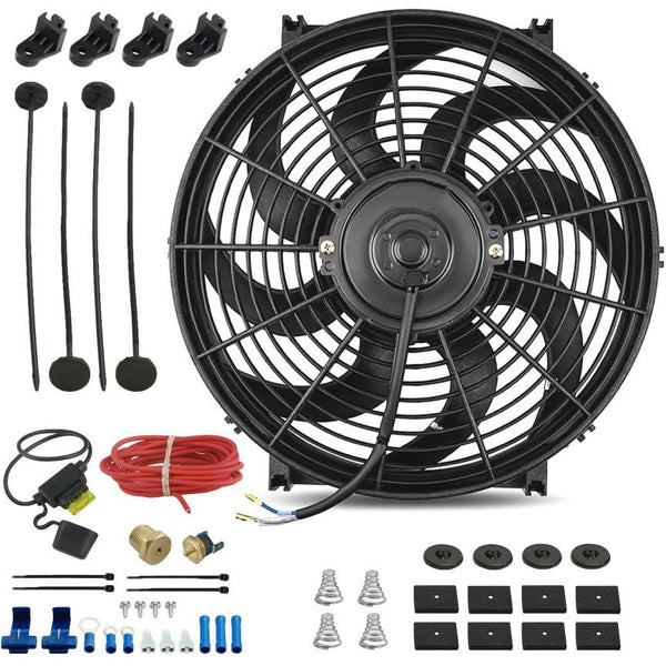 14-15" Inch Electric Auto Radiator Cooling Fan Thermostat Temperature Switch In-Line Fuse Wire Kit - American Volt