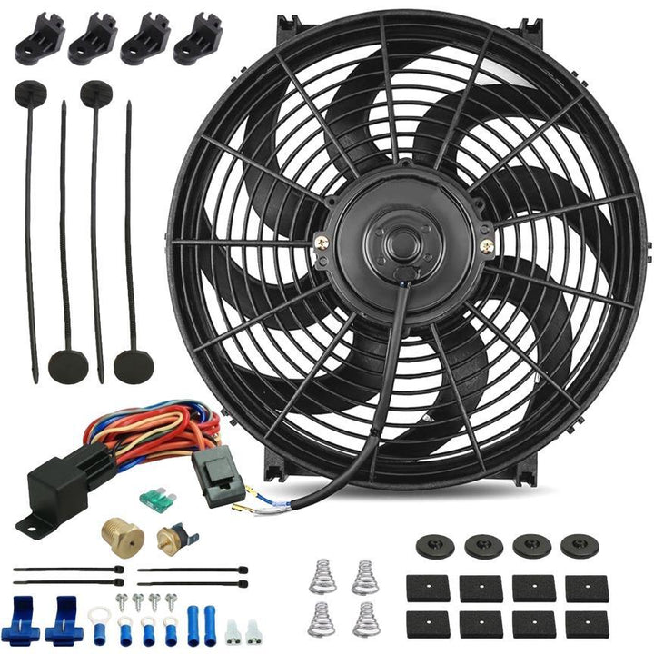 14-15" Inch Electric Radiator Cooling Fan 130w Motor NPT Thread-In Thermostat Temp Switch Kit - American Volt