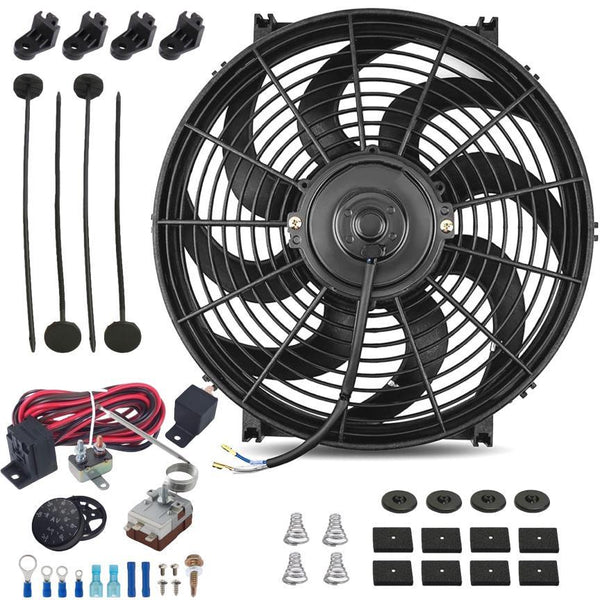 14-15" Inch Electric Radiator Engine Cooling Fan Adjustable Fin Probe Thermostat Switch Wiring Kit - American Volt