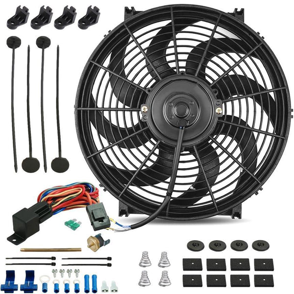 14-15" Inch Universal Electric Cooling Fan 12V Push-In Radiator Fin Probe Thermostat Temp Switch Kit - American Volt