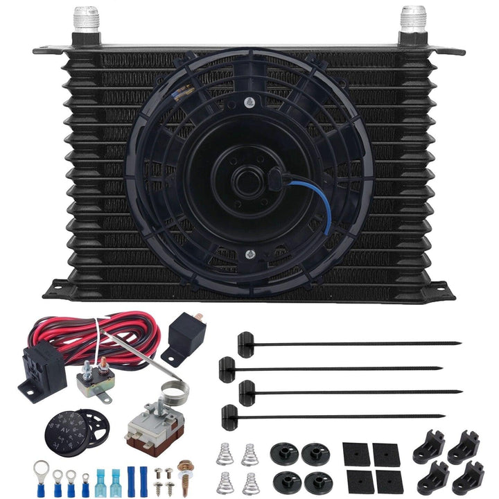 15 Row Engine Transmission Oil Cooler 8" Electric Fan Adjustable Thermostat Controller Switch Kit - American Volt