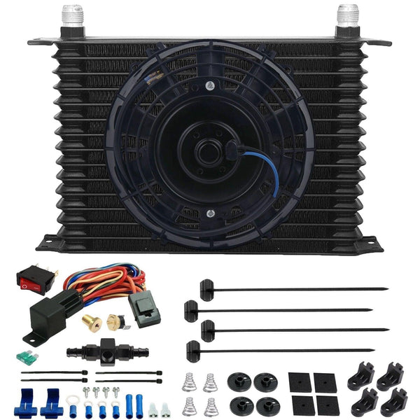 15 Row Engine Transmission Oil Cooler 8" Electric Fan In-Line AN Fitting Thermostat Temp Switch Kit - American Volt