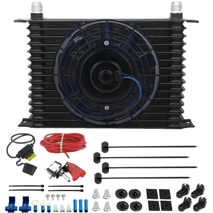 15 Row Engine Transmission Oil Cooler 8" Inch Electric Cooling Fan 12 Volt Red Toggle Switch Wiring Kit - American Volt