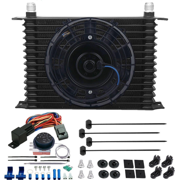 15 Row Engine Transmission Oil Cooler 8" Inch Electric Cooling Fan Adjustable Thermostat Wiring Kit - American Volt