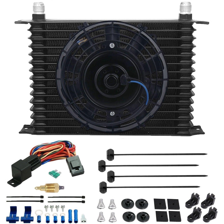 15 Row Engine Transmission Oil Cooler 8" Inch Electric Cooling Fan Ground Thermostat Temp Switch Kit - American Volt
