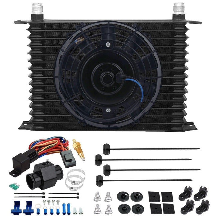 15 Row Engine Transmission Oil Cooler 8" Inch Electric Cooling Fan In-Hose Grounding Temp Switch Kit - American Volt