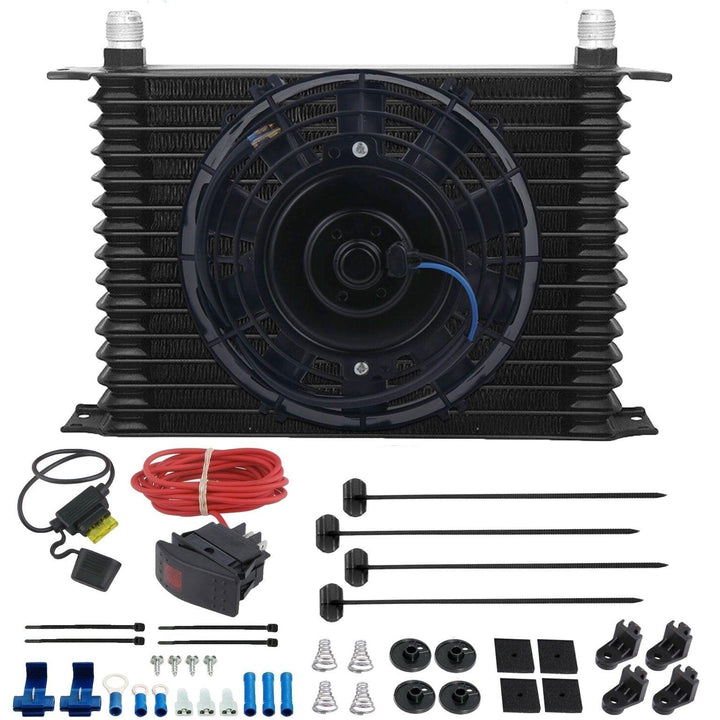 15 Row Engine Transmission Oil Cooler 8" Inch Electric Cooling Fan Toggle Rocker Bar Switch Wiring Kit - American Volt