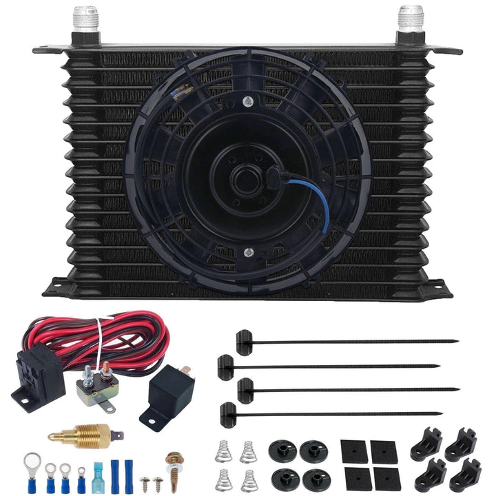 15 Row Engine Transmission Oil Cooler 8" Inch Electric Fan 12 Volt Engine Cooling Thread-In Grounding Thermostat Switch Kit - American Volt