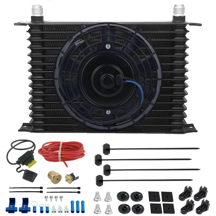 15 Row Engine Transmission Oil Cooler 8" Inch Electric Fan Thermostat Temperature Switch In-Line Wire Kit - American Volt