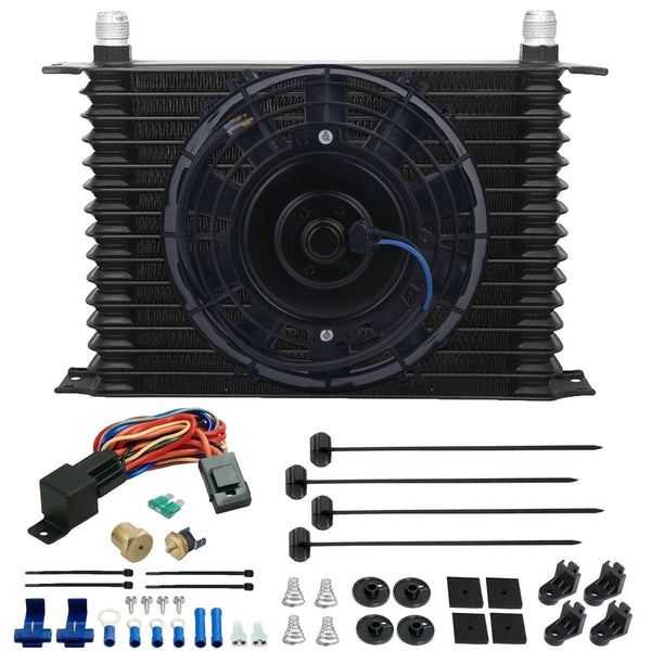 15 Row Engine Transmission Oil Cooler 8" Inch Electric Fan Thread-In Thermostat Switch Kit - American Volt