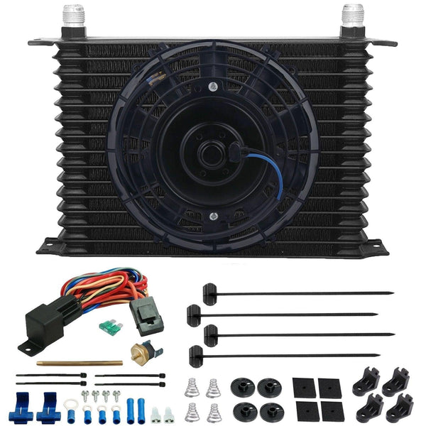 15 Row Engine Transmission Oil Cooler 8" Inch Radiator Electric Cooling Fan Fin Probe Thermostat Kit - American Volt