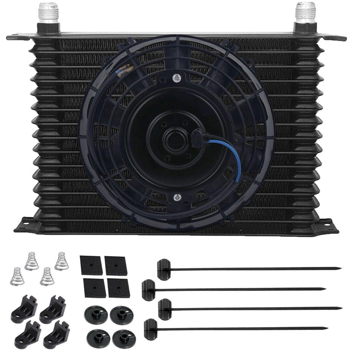 15 Row Heavy Duty Engine Transmission Oil Cooler Universal AN Fittings 8" Inch Electric Fan Kit - American Volt
