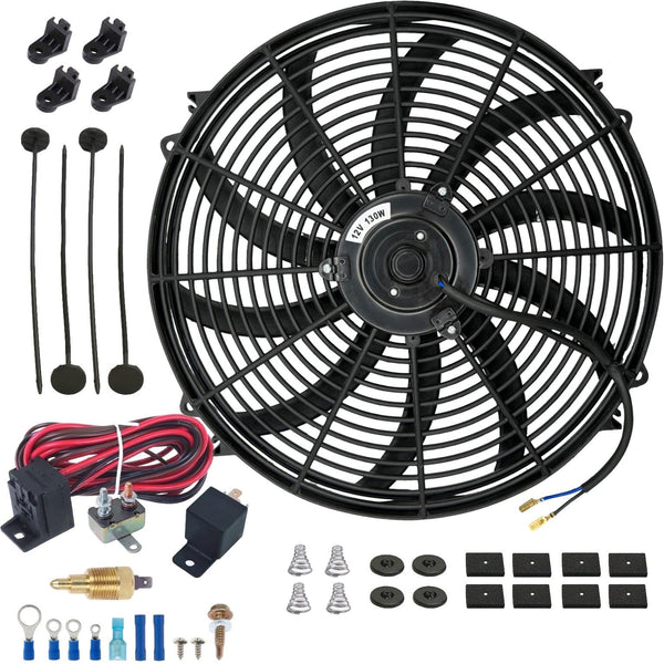 16-17" Inch 130W Motor Electric Cooling Radiator Fan 12V High CFM Thermostat Wiring Switch Kit - American Volt