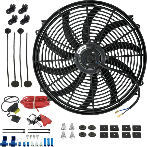 16-17" Inch 130w Electric Engine Radiator Cooling Fan 12 Volt Red LED Toggle Manual Switch Wiring Kit - American Volt