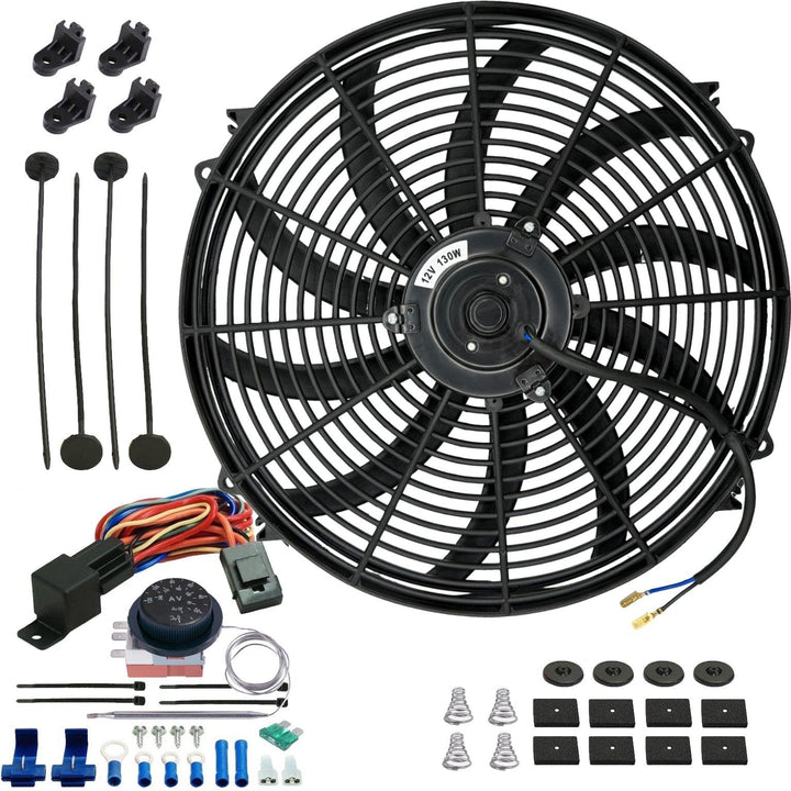 16-17" Inch 130w Electric Radiator Cooling Fan Adjustable Thermostat Temperature Wiring Switch Kit - American Volt