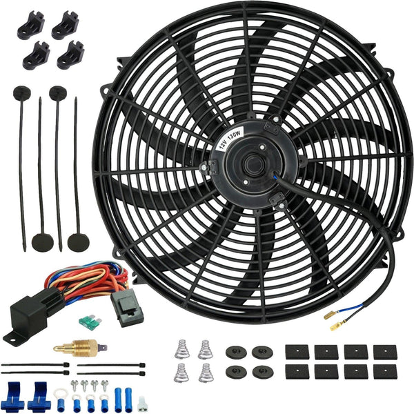 16-17" Inch 130w Motor Electric Radiator Cooling Fan NPT Ground Thermostat Temperature Switch Kit - American Volt