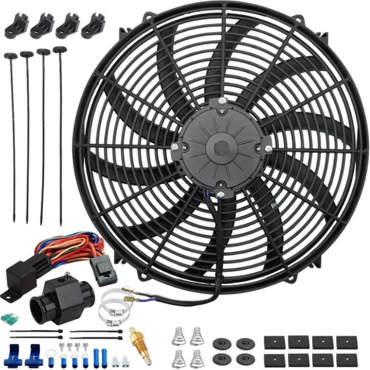 16-17" Inch 180w Electric Cooling Fans Radiator In-Hose Fitting Ground Thermostat Temp Switch Wiring Kit - American Volt