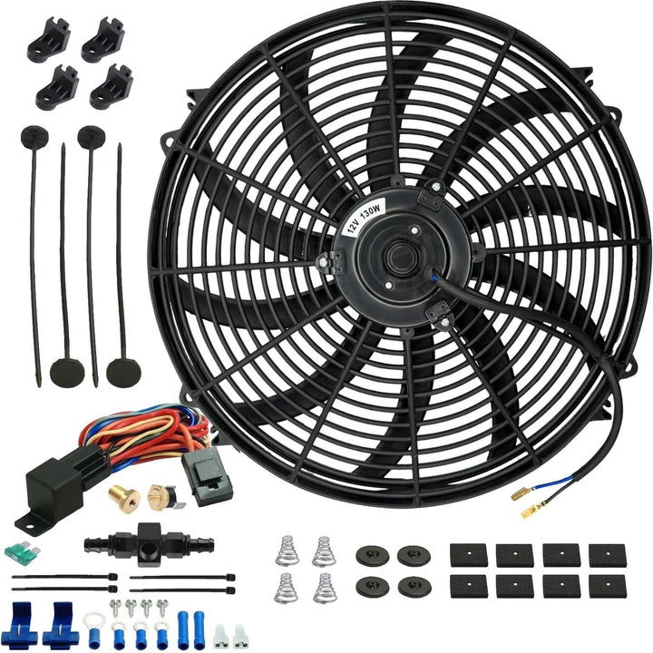 16-17" Inch Electric Engine Radiator Cooling Fan In-Line AN Hose Fitting Thermostat Temperature Switch Wire Kit - American Volt