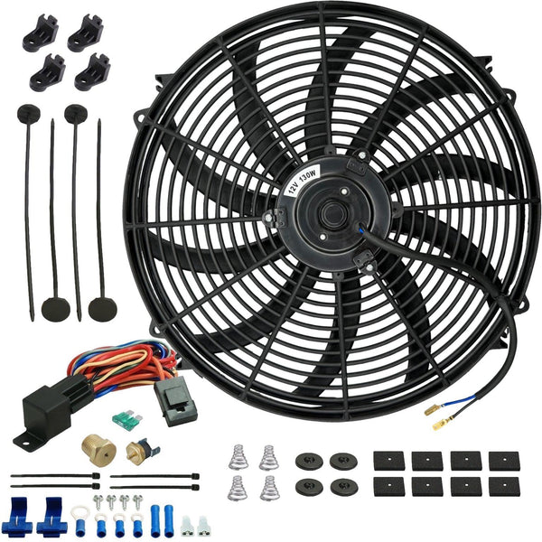 16-17" Inch Electric Radiator Cooling Fan Thread-In NPT Probe Thermostat Temp Switch Wiring Kit - American Volt