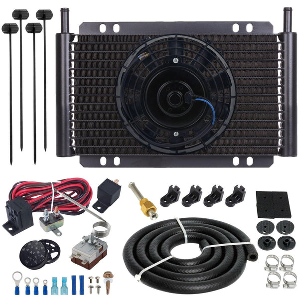 17 Row Engine Transmission Oil Cooler 6" Electric Fan Adjustable Thermostat Controller Switch Kit - American Volt
