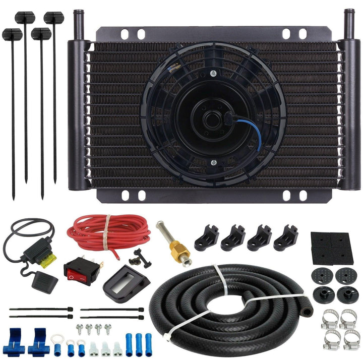 17 Row Engine Transmission Oil Cooler 6" Inch Cooling Fan Red Light Toggle Rocker Switch Wiring Kit - American Volt