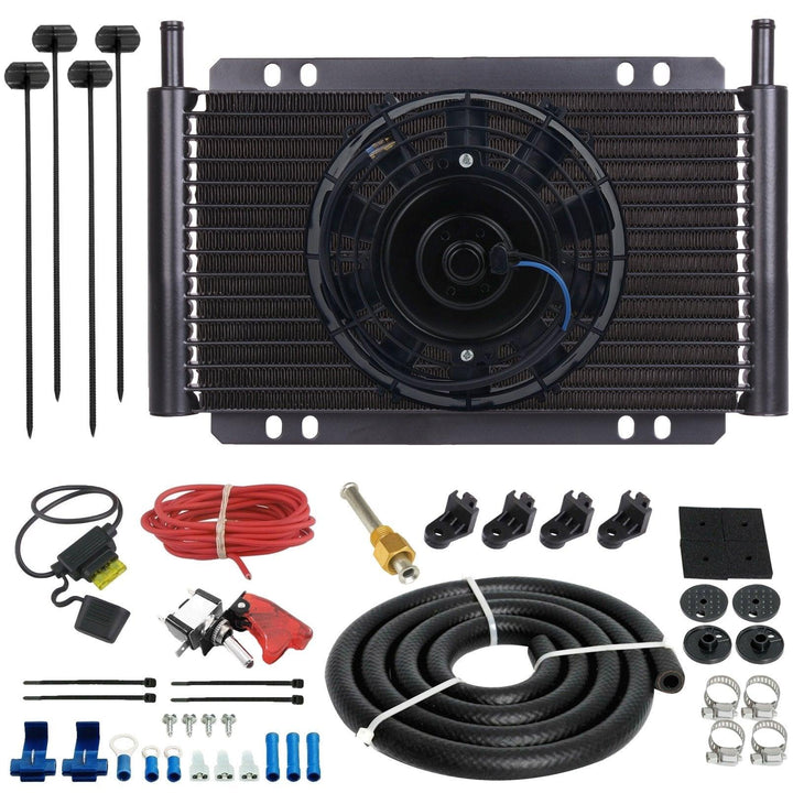 17 Row Engine Transmission Oil Cooler 6" Inch Electric Cooling Fan 12 Volt Red Toggle Switch Wiring Kit - American Volt