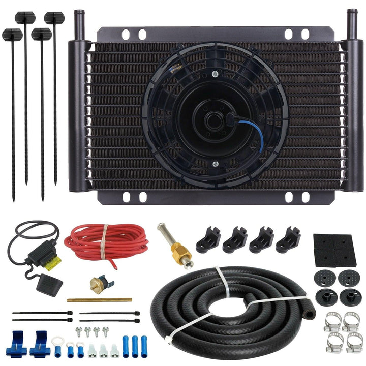 17 Row Engine Transmission Oil Cooler 6" Inch Electric Cooling Fan Fin Thermostat Temperature Switch Kit - American Volt