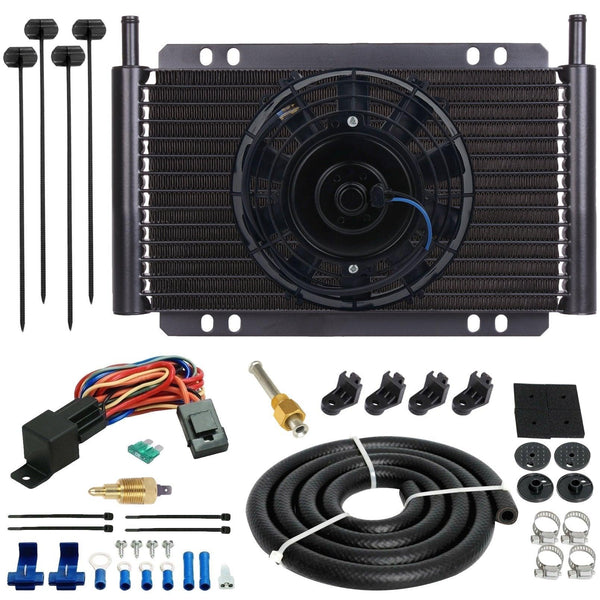 17 Row Engine Transmission Oil Cooler 6" Inch Electric Cooling Fan Ground Thermostat Temp Switch Kit - American Volt