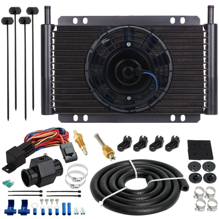 17 Row Engine Transmission Oil Cooler 6" Inch Electric Cooling Fan In-Hose Grounding Temp Switch Kit - American Volt