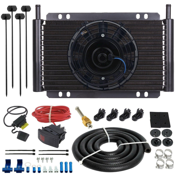17 Row Engine Transmission Oil Cooler 6" Inch Electric Cooling Fan Toggle Rocker Bar Switch Wiring Kit - American Volt