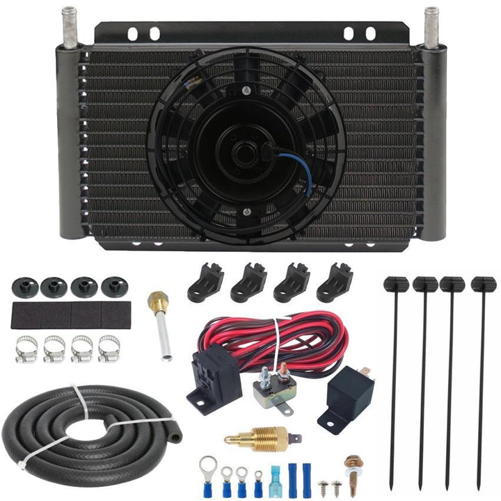 17 Row Engine Transmission Oil Cooler 6" Inch Electric Fan 12 Volt Engine Cooling Thread-In Grounding Thermostat Switch Kit - American Volt