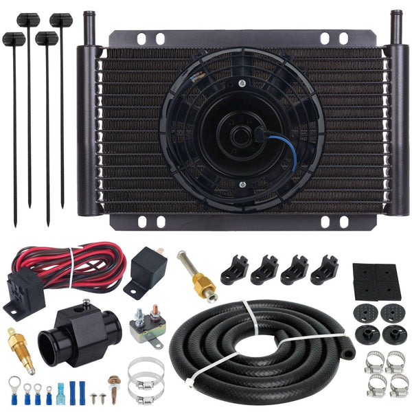 17 Row Engine Transmission Oil Cooler 6" Inch Electric Fan Hose In-Line Ground Temperature Switch Kit - American Volt
