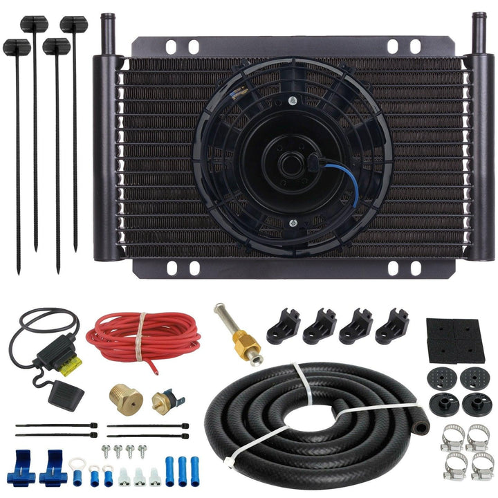 17 Row Engine Transmission Oil Cooler 6" Inch Electric Fan Thermostat Temperature Switch In-Line Wire Kit - American Volt