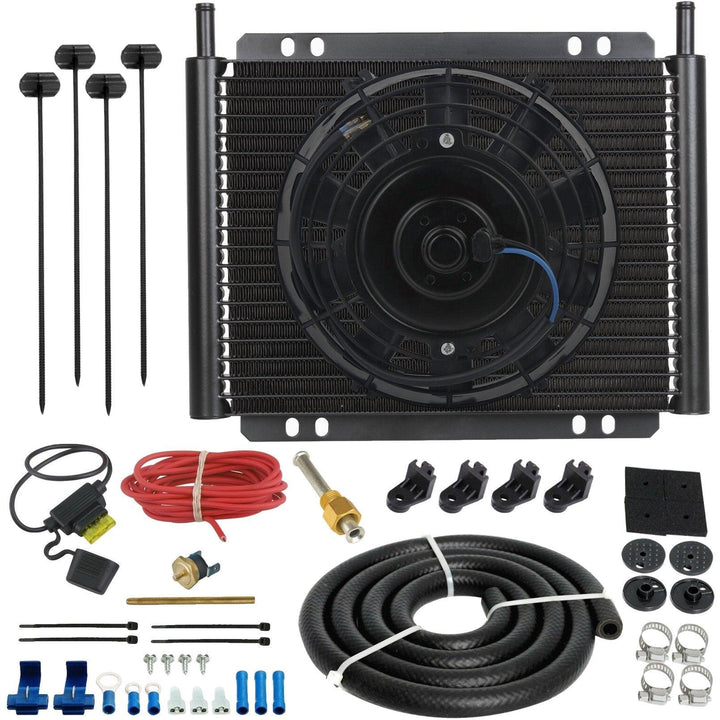 23 Row Engine Transmission Oil Cooler 8 Inch Electric Cooling Fan Fin Thermostat Temperature Switch Kit - American Volt