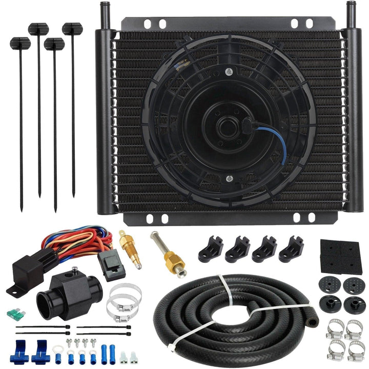 23 Row Engine Transmission Oil Cooler 8 Inch Electric Cooling Fan In-Hose Grounding Temp Switch Kit - American Volt
