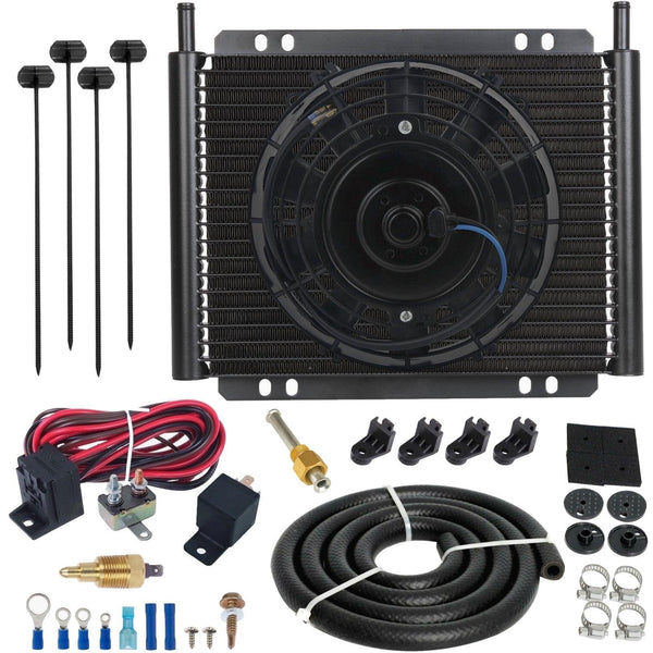 23 Row Engine Transmission Oil Cooler 8 Inch Electric Fan 12 Volt Engine Cooling Thread-In Grounding Thermostat Switch Kit - American Volt
