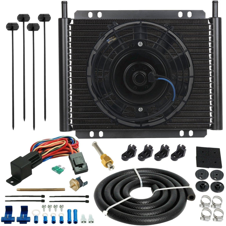 23 Row Engine Transmission Oil Cooler 8 Inch Radiator Electric Cooling Fan Fin Probe Thermostat Kit - American Volt