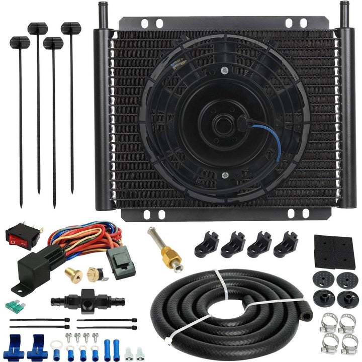 23 Row Heavy Duty Engine Transmission Oil Cooler 8" Electric Fan In-Line Hose Thermostat Switch Kit - American Volt