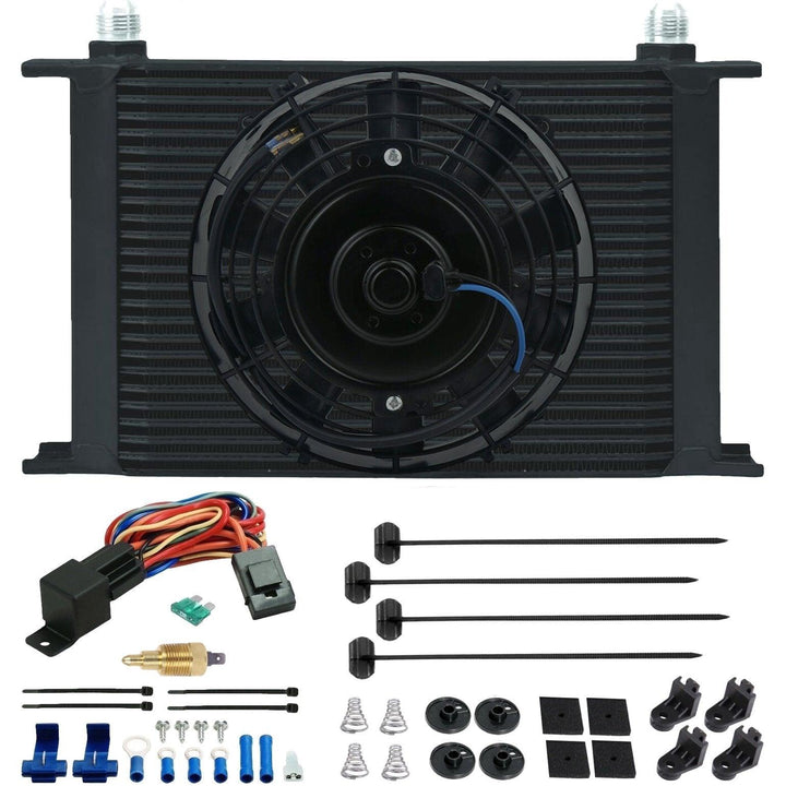 25 Row Engine Transmission Oil Cooler 6" Inch Electric Cooling Fan Ground Thermostat Temp Switch Kit - American Volt