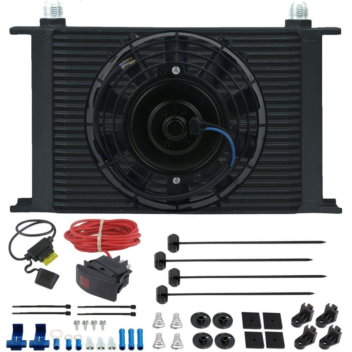 25 Row Engine Transmission Oil Cooler 6" Inch Electric Cooling Fan Toggle Rocker Bar Switch Wiring Kit - American Volt