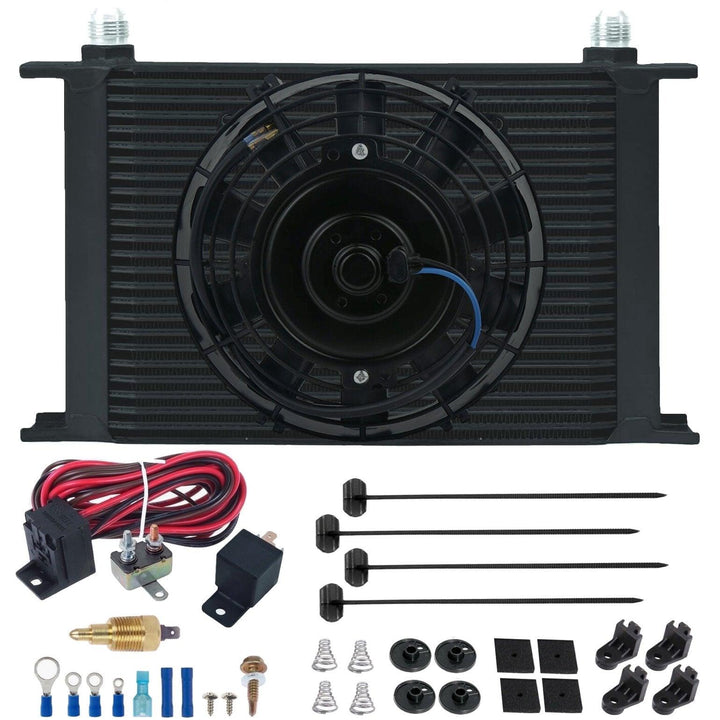 25 Row Engine Transmission Oil Cooler 6" Inch Electric Fan 12 Volt Engine Cooling Thread-In Grounding Thermostat Switch Kit - American Volt